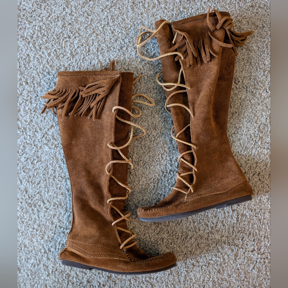 Fringed Brown Suede Knee-High Boots